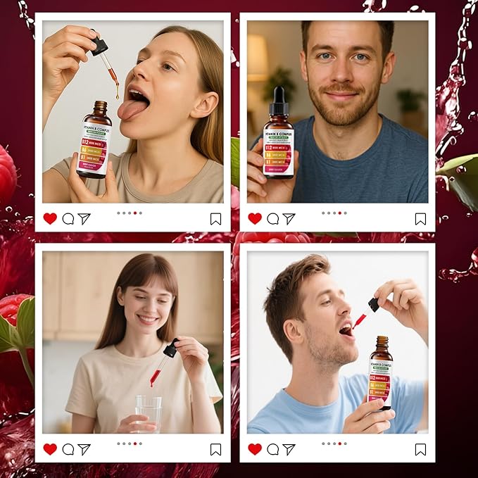 Vitamin B Complex | B12 B6 B1 B3 B9, Essential Vitamin Liquid Drops for Immune & Energy Metabolism, Brain & Heart Support, Raspberry Flavor 2fl oz