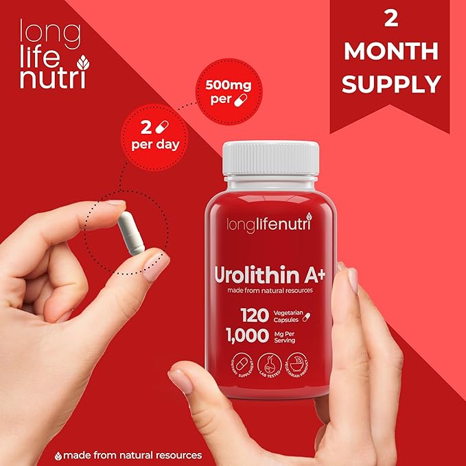 Urolithin A+ 1000mg Supplement - Advanced Formula, 120 Vegetarian Capsules, 2-Month Supply, Pomegranate Extract for Healthy Aging & Longevity, Lab Tested, Organic, Made in USA