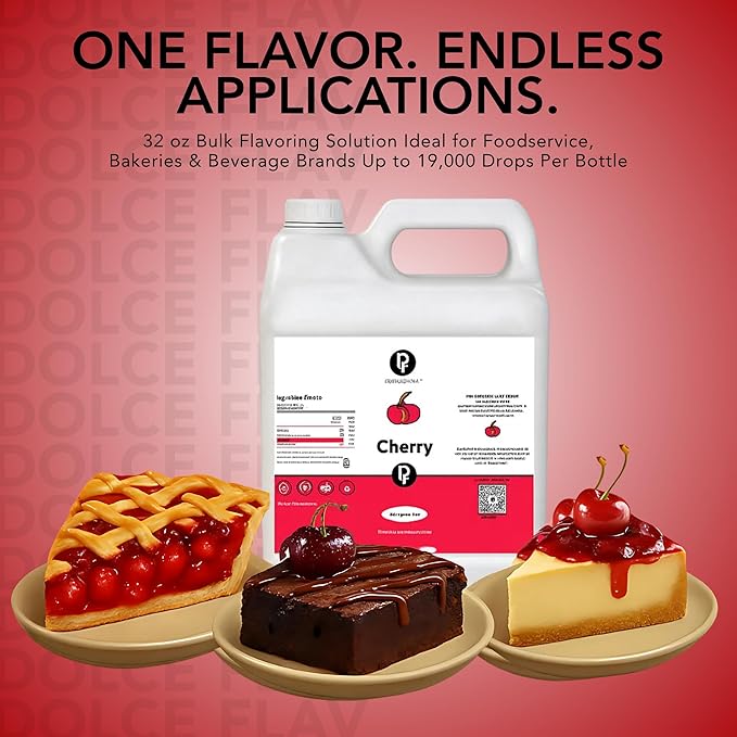 Dolce Flav Cherry Flavoring – 32 oz. – Premium Oil-Based Extract for Chocolates, Frostings, Baked Goods & Confections | Classic Sweet Flavor for Bakeries & Candy Shops