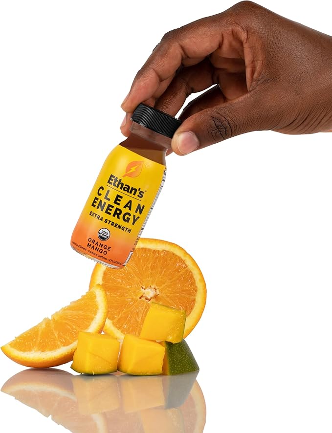 Ethan's Organic Clean Energy Shots Orange Mango, Sugar Free Natural Pre-Workout Focus Boost, Gluten Free, Vegan, B6 & B12 Vitamin C with Green Tea Extract and Guayusa (12 Pack of 2oz Shots)