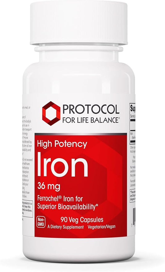 PROTOCOL FOR LIFE BALANCE Iron 36mg - Bioavailable Ferrochel Iron - for Energy & Immune Support - Iron Bisglycinate Support Mitochondria - Vegan, Halal & Kosher - 90 Veg Capsules