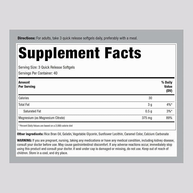 Piping Rock Magnesium Citrate | 375 mg | 120 Softgels | High Absorption | Non-GMO, Gluten Free Supplement