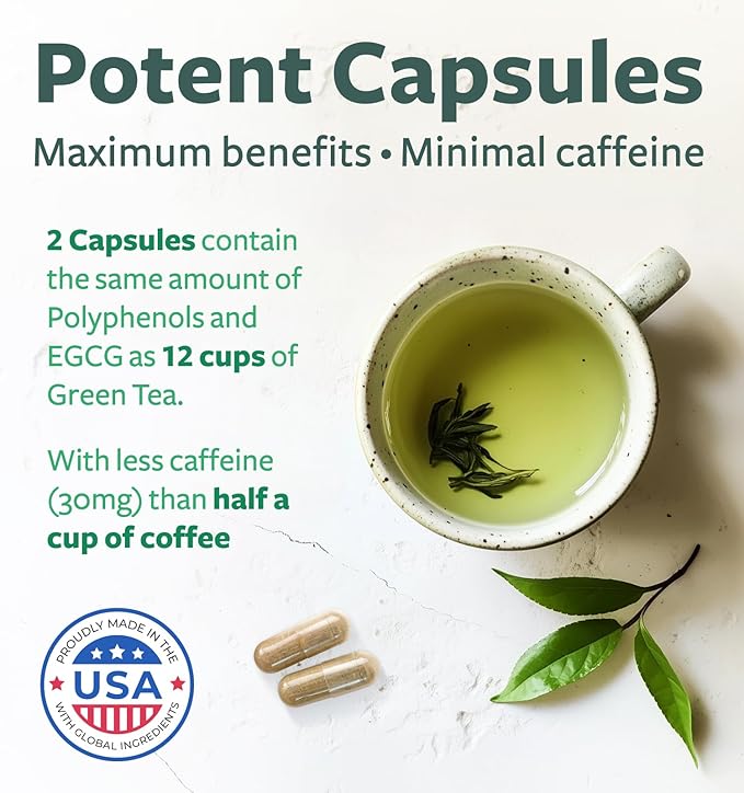 EGCG Green Tea Extract Capsules - Super High Potency Green Tea Pills Antioxidant Rich Formula Packed with Polyphenols Catechins & EGCG - 500mg Per Capsule - Non-GMO & Made in the USA (1 Month Supply)