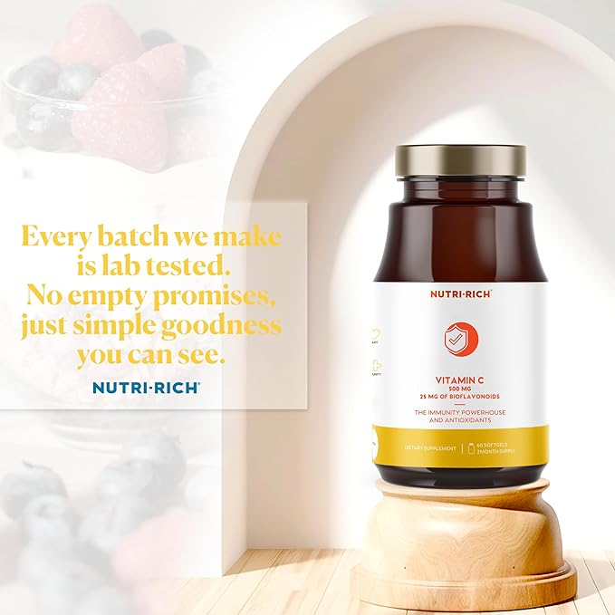 Nutri-Rich Vitamin C 500mg – Softgels with 25 Bioflavonoids – Antioxidant, Immune & Skin Health Support – Gluten-Free, Third-Party Quality Tested – 60 Count for Adults