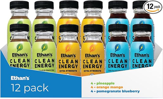 Ethan's Organic Clean Energy Shots 3 Flavors (Orange Mango, Pineapple & Pomegranite Blueberry), Sugar Free Natural Pre-Workout Focus Boost, Gluten Free, Vegan, B6 & B12 Vitamin C with Green Tea Extract and Guayusa (12 Pack of 2oz Shots)