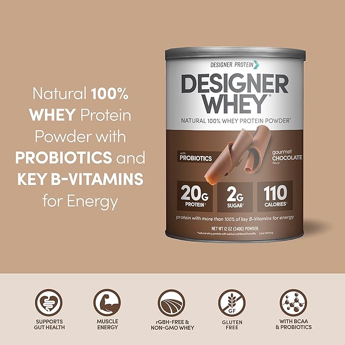 Designer Wellness, Designer Whey, Natural Whey Protein Powder with Probiotics, Fiber, and Key B-Vitamins for Energy, Gluten-Free, Gourmet Chocolate, 12oz