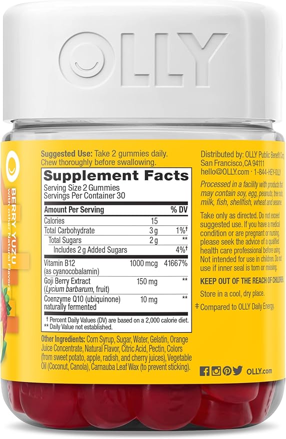 OLLY Extra Strength Daily Energy Gummy, Caffeine Free, 1000mcg Vitamin B12, CoQ10, Goji Berry, Adult Chewable Supplement, Berry Yuzu Flavor - 60 Count