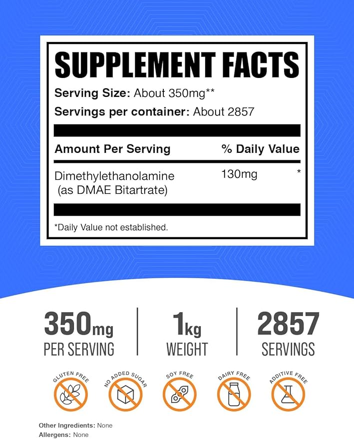 BulkSupplements.com DMAE Bitartrate Powder - Dimethylaminoethanol Bitartrate, DMAE Supplement - Unflavored & Gluten Free, 350mg per Serving, 1kg (2.2 lbs) (Pack of 1)