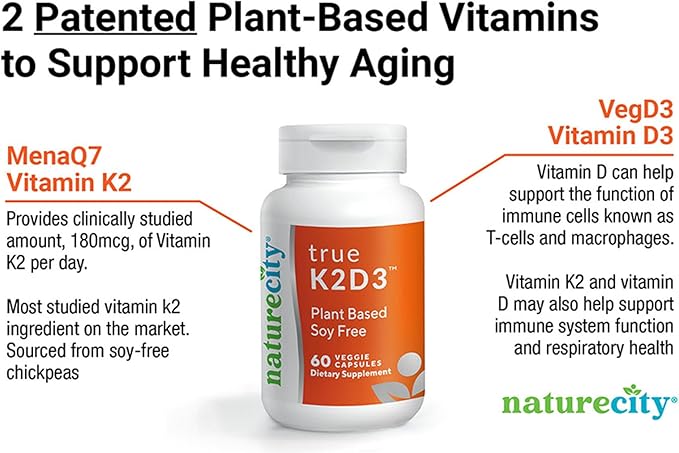 NatureCity TrueK2D3 Plant Based Vitamin K2 MK7 (90 mcg) & D3 from Algae(2,500 IU) 2 in 1 Vitamin D3 K2 Supplement for Bone, Heart and Immune Health – 60 Veggie Capsules