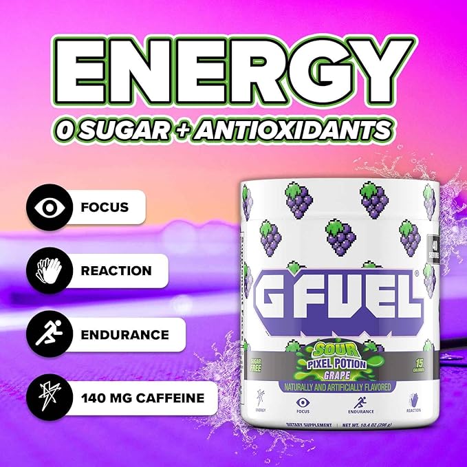 G Fuel Sour Pixel Potion Energy Drink Powder, Sugar-Free Focus + Energy Supplement with Antioxidants & Vitamins for Gaming & Workout, Sour Grape Flavor, 40 Servings