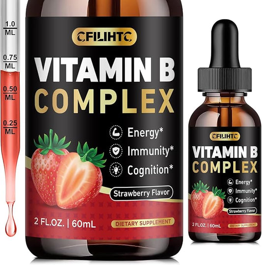 Vitamin B Complex Liquid Drops, B Vitamins Complex Supplement with B1, B2, B3, B5 B6, B7, B9 & Methyl B12 Drops for Adults & Kids, Vegan, Strawberry Flavor