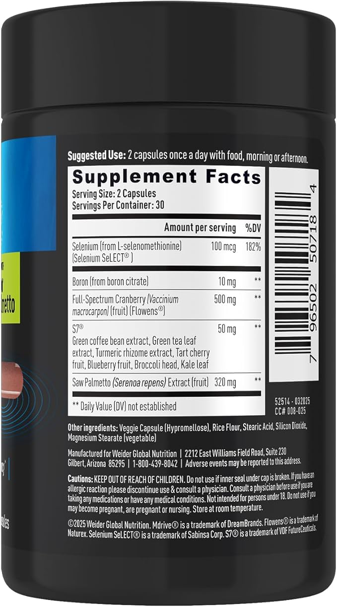 Weider Prime Prostate Health for Men, Saw Palmetto, Dual Action with N.O. Boost, Promotes Flow and Normal Frequency, 60 Veggie Capsules