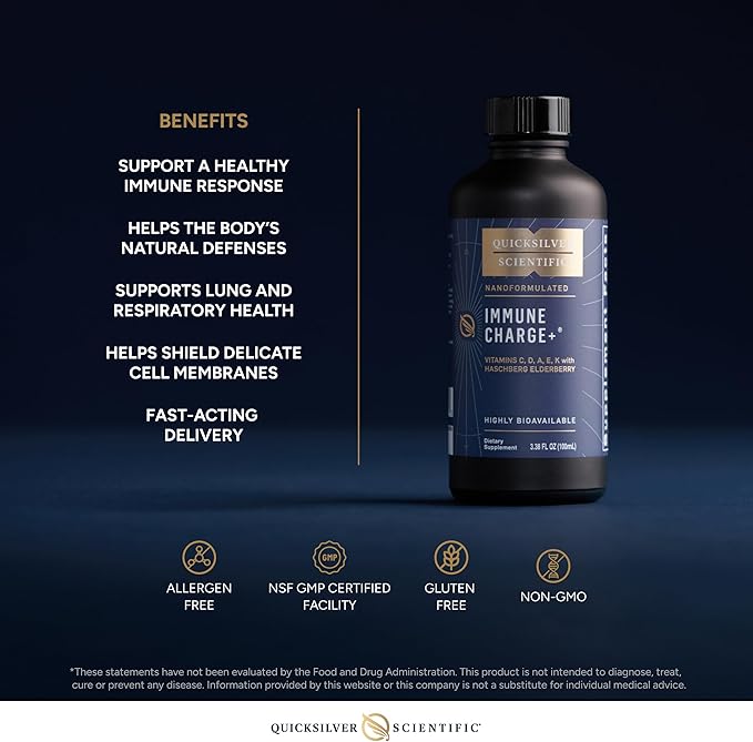 Quicksilver Scientific Immune Charge+ - Elderberry with 10,000 IU Vitamin D3, 25,000 Vitamin A, C, E, K1 & K2 for Immune Health & Lung Support (100ml)