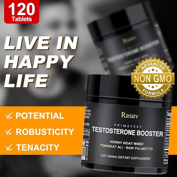 Rasav Horny Goat Weed and Tongkat Ali Supplement for Men, Testosterone Booster Supplement for Men, Male Enhancing Supplements, Supports Muscle Growth, Strength, Energy and Stamina, 120 Tablets