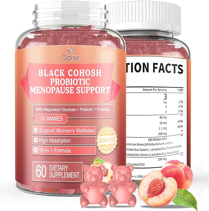 Black Cohosh Menopause and Menstrual Gummies with Magnesium, Vitamin E, Probiotic & Prebiotic - Hot Flashes* and Night Sweats* Relief Supplements - Vegan, Peach Flavored, 60 Counts