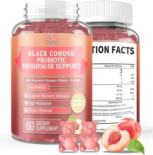 Black Cohosh Menopause and Menstrual Gummies with Magnesium, Vitamin E, Probiotic & Prebiotic - Hot Flashes* and Night Sweats* Relief Supplements - Vegan, Peach Flavored, 60 Counts