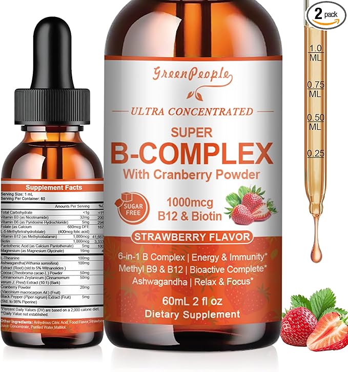 Super B-Complex Liquid Drops | B12 Methylcobalamin + Methyl Folate | B Vitamins Complex w/B3,B5,B6,B7, Ashwagandha & L-Theanine for Energy, Focus & Immunity, Vegan Strawberry 2fl Oz 2 Pack