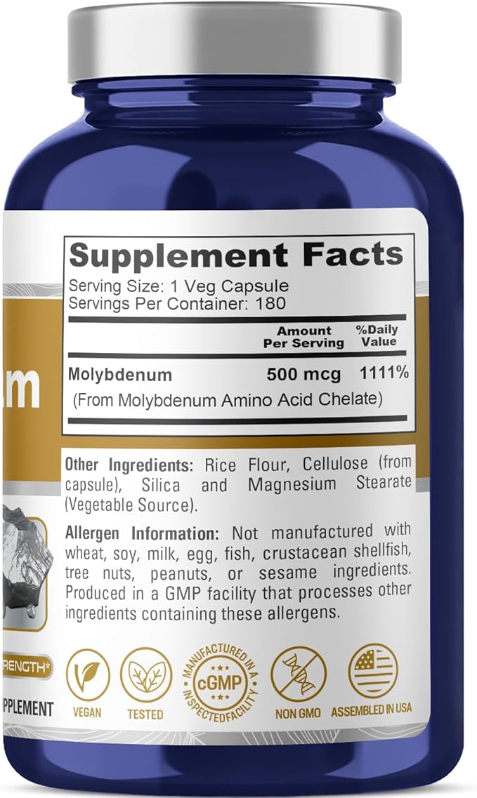 NusaPure Chelated Molybdenum 500 mcg 180 Vegetarian Caps (Vegan, Non-GMO)