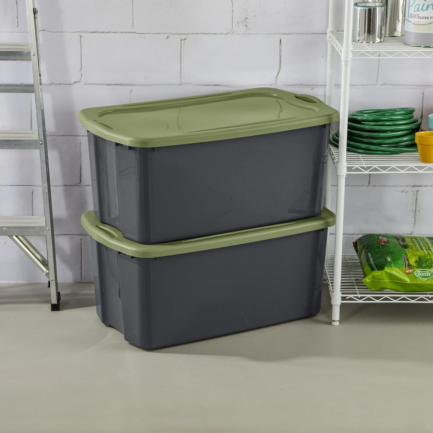 (2 Pack) 30 Gallon Plastic Storage Bin – Full-Grip Handles, Easy-Carry Stackable Heavy Duty Organizer for Home, Garage, Closet & Dorm (Gray & Green)
