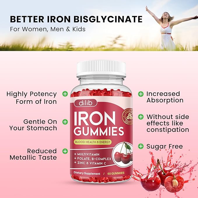 Iron Gummies with Multivitamin, Iron Supplement for Women & Men, Kids Multivitamin with Iron, Zinc, Vitamin B Complex & C, B12, Folate - Blood Builder, Energy Support, Cherry Flavor, Vegan 120 Gummies