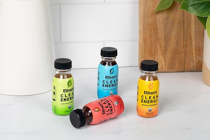 Ethan's Organic Clean Energy Shots Tart Cherry Ginger, Sugar Free Natural Pre-Workout Focus Boost, Gluten Free, Vegan, B6 & B12 Vitamin C with Green Tea Extract and Guayusa (12 Pack of 2oz Shots)