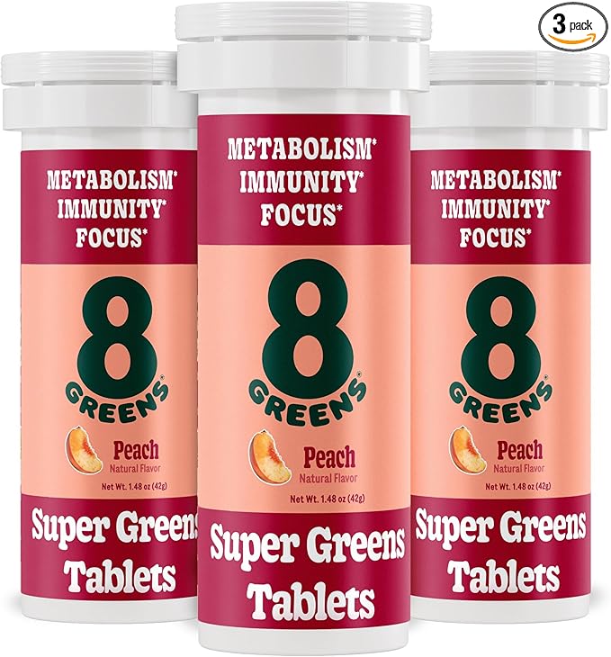 8Greens Supergreens Tablets | Super Greens Powder Superfood Tablet, Metabolism Immunity & Focus, Daily Greens Effervescent Tablets, Organic: Aloe Vera, Spirulina, Chlorella, Peach, 30 Servings