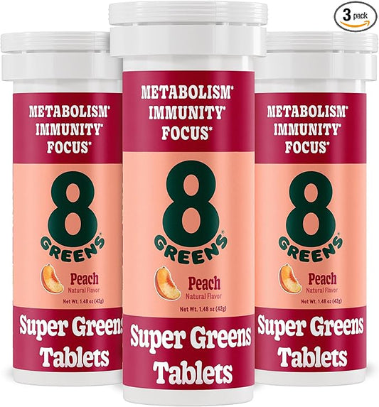 8Greens Supergreens Tablets | Super Greens Powder Superfood Tablet, Metabolism Immunity & Focus, Daily Greens Effervescent Tablets, Organic: Aloe Vera, Spirulina, Chlorella, Peach, 30 Servings