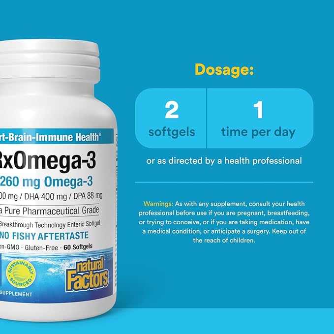 Natural Factors RxOmega-3, Natural Support for Heart Health with DHA and EPA, Daily Dietary Supplement, 60 Softgels