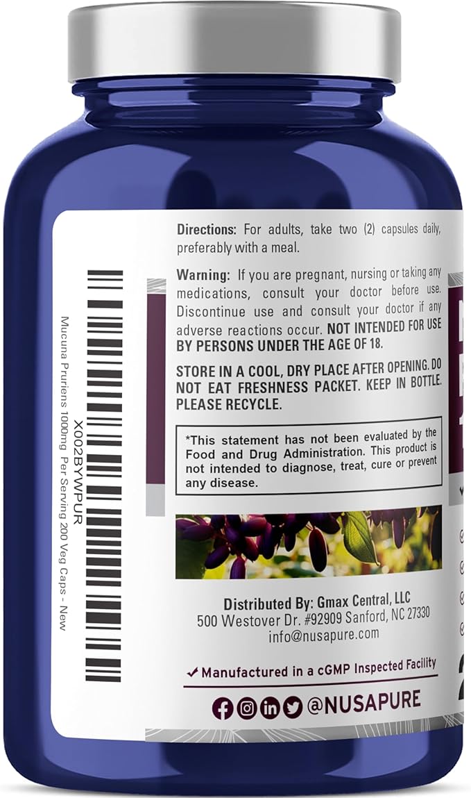 NusaPure Mucuna Pruriens 1000mg 200 Veggie Caps (Non-GMO, 100% Vegetarian, Vegan)