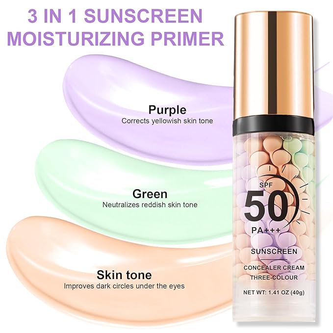 3 in 1 Color Correcting Serum, SPF Primer for Face Before Makeup, Sunscreen One Step Color Corector Primer,SPF 50 PA+++ Isolation Cream,Color Correcting Facial Serum Oil Control & Moisturizing