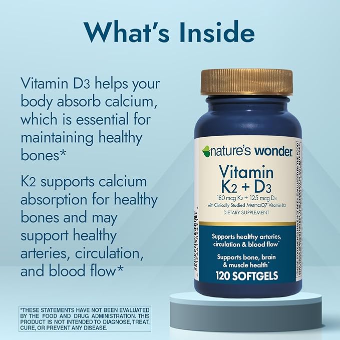 Nature's Wonder Vitamin K2 + D3 with MenaQ7 for Cardiovascular, Brain, Bone and Muscle Health, 120 Softgels, 120 Day Supply