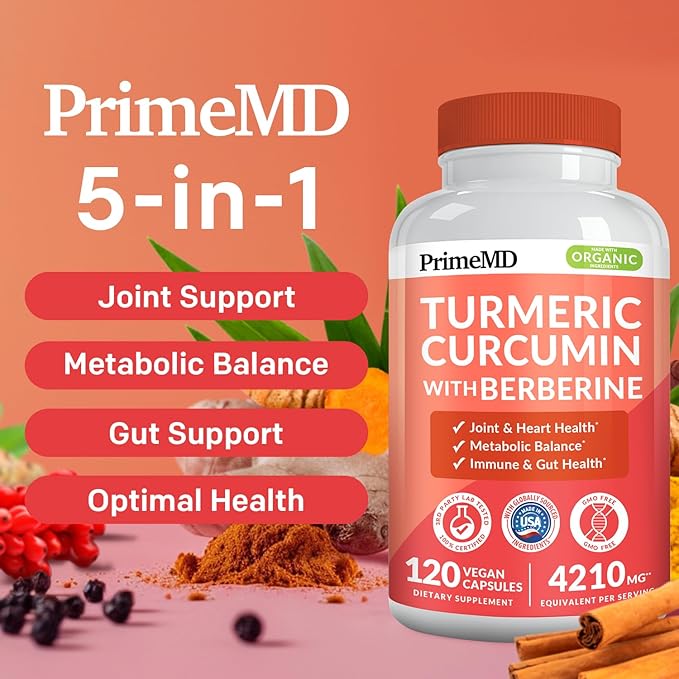5-in-1 Organic Turmeric Curcumin Supplement (4210mg) with Berberine, Ceylon Cinnamon Bioperine and Ginger Supplements for Joint, Heart, Gut, & Metabolic Support (120 ct)