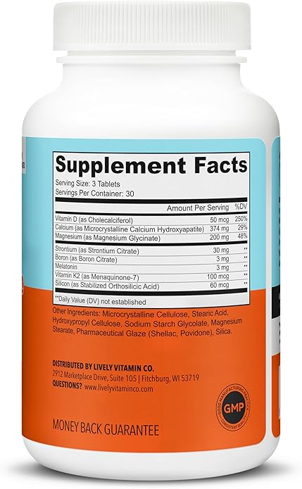 LIVELY VITAMIN CO. Osteo Awesome - Stronger Bones, Joints & Teeth - Better Bone Density - Calcium, D3, Magnesium, Boron, Silicon, Strontium, Vitamin K2, Melatonin - 90 Vegetable Capsules