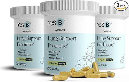 resB Lung Support Probiotic Supplement - Lung Health Supplement for Smokers, Gut Health, Immune Support, Respiratory Care, Holy Basil, Turmeric, Clinically Trialed - 180 Capsules (3 Bottles)
