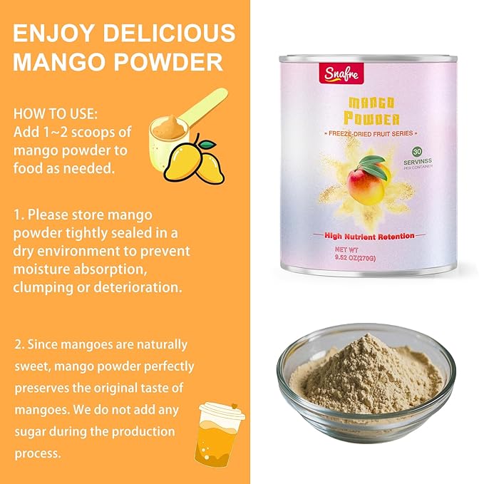 Mango Powder, Freeze Dried Mango Powder, 9.52OZ/270G, No Sugar Added, No Additives, for Beverages, Smoothies, Juices, Drinks, Baking