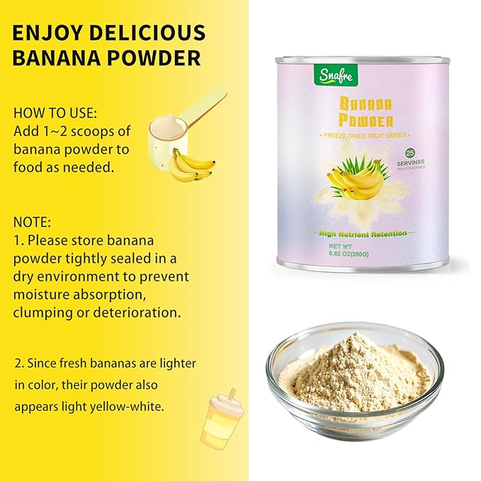 Banana Powder, 8.82OZ Freeze Dried Banana Powder, Freeze Dried Fruit, No Added or Sugar, Suitable for Baking, Oatmeal, Cereal, Yogurt, Smoothies, Juice