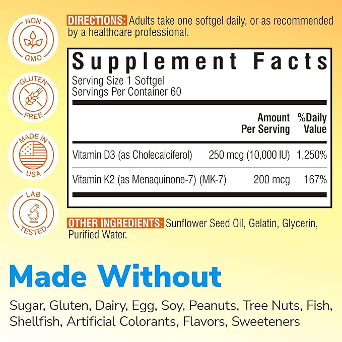 Vitamin D3 K2 Supplement, 10000 IU D3 / 200 mcg K2 MK7, Calcium Absorption, Bone, Heart, Immune & Mood Support, Enhanced Absorption, No Soy, Easy to Swallow, 60 Softgels