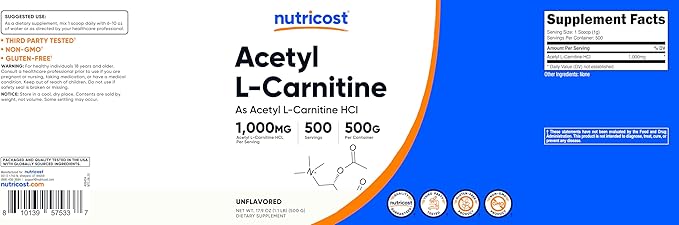 Nutricost Acetyl L-Carnitine (ALCAR) 500 Grams - 1000mg Per Serving - Pure Acetyl L-Carnitine Powder