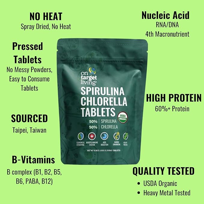 On Target Living Organic Spirulina Chlorella | Supergreens | USDA Organic | 1000 Tablets- 250 G (8.8 oz) | Vegan | Immune Support | Alkalyzing | Nutrient Dense | Protein Dense