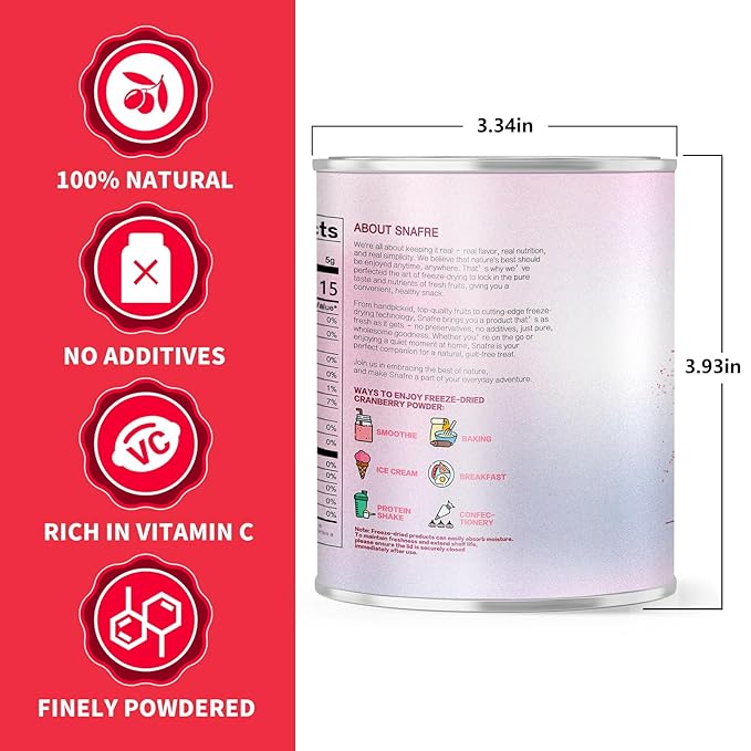 Cranberry Powder, 6.34OZ/180G Freeze Dried Cranberries Powder, Fruit Powder, No Sugar, No Additives, for Baking, Smoothies, Juices, Cocktails, Tea, Yogurt, Oatmeal