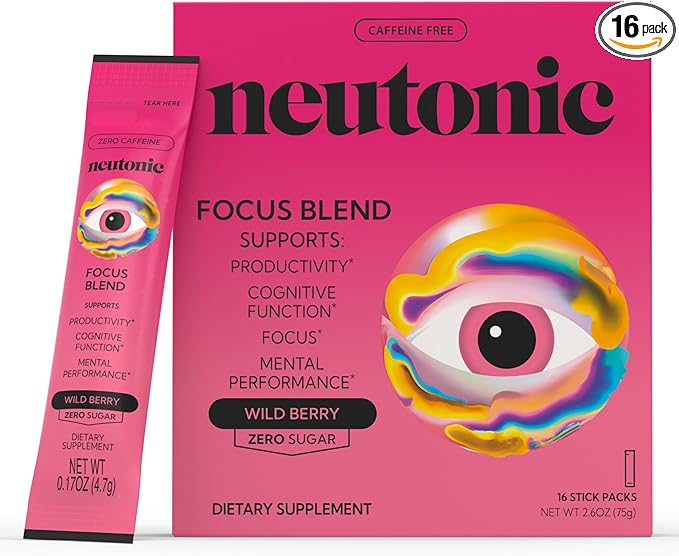 Neutonic Nootropic Focus Blend Powder | Wild Berry 16 Sticks | Caffeine Free, Zero Sugar | Support Memory, Mental Clarity, Cognitive Function | Boost Focus, Energy, Brain Health
