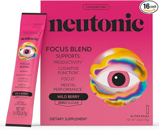 Neutonic Nootropic Focus Blend Powder | Wild Berry 16 Sticks | Caffeine Free, Zero Sugar | Support Memory, Mental Clarity, Cognitive Function | Boost Focus, Energy, Brain Health