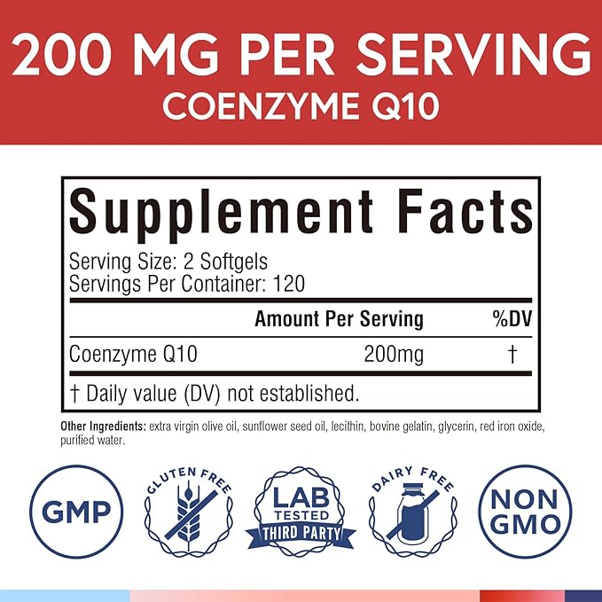 Terranics CoQ10 200mg, Coenzyme Q10 Supplement with Extra Virgin Olive Oil for Enhanced Absorption, Made in USA, Supports Heart Health, Antioxidant Protection, Energy Production, Non-GMO, 240 Softgels