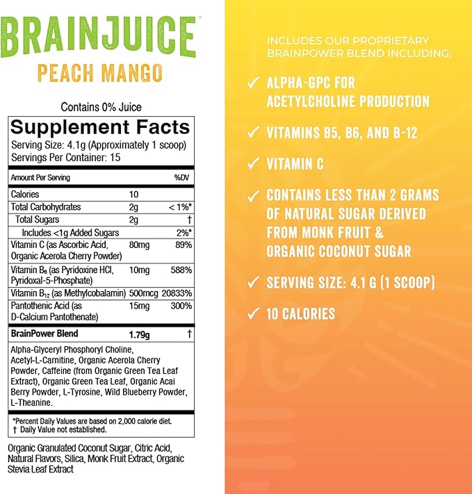 BrainJuice Active Peach MangoDaily BrainPower Mix - 15 Servings (2.2 Oz, Peach Mango)