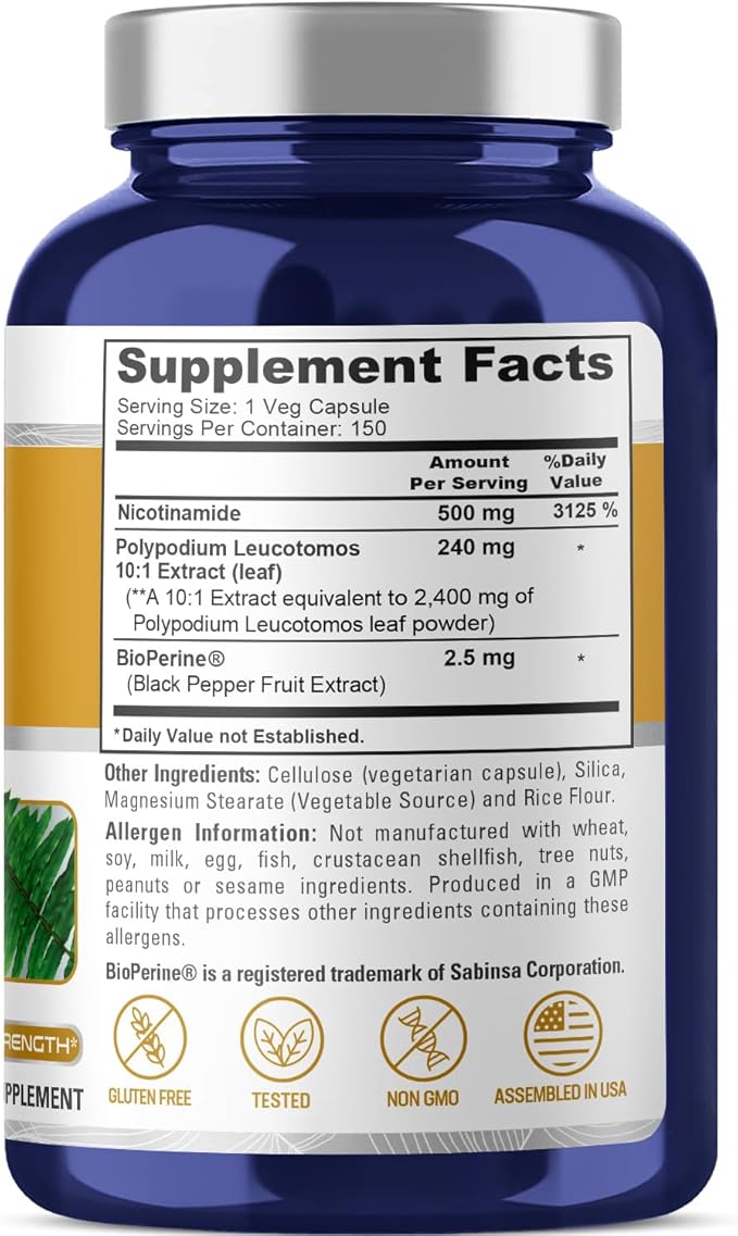 NusaPure Nicotinamide 500mg Polypodium Leucotomos Extract 2400mg per Vegan Caps - 150 Count (Non-GMO, Gluten Free, Bioperine)