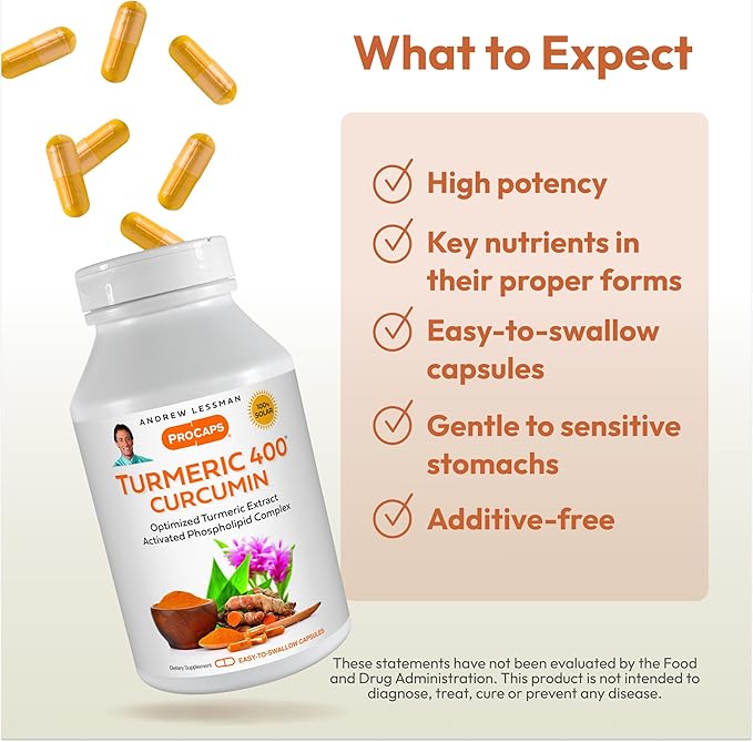 ANDREW LESSMAN Turmeric 400mg - 60 Capsules - 95% Curcuminoids as Phospholipid Complex for Optimum Benefits and Absorption, High Potency Standardized Extract, Small Easy to Swallow Capsules