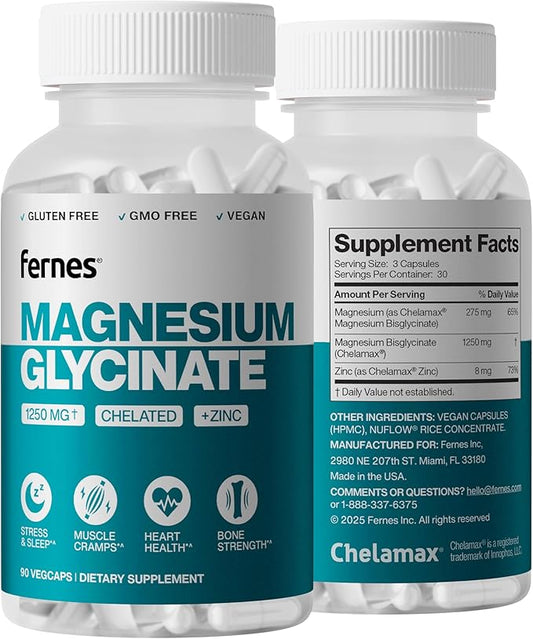 Pure Chelated Magnesium Glycinate 1250 mg Supplement with Zinc - Gentle on Stomach, High Absorption, Gluten-Free, Non-GMO, Muscle Cramp & Sleep Support* for Women & Men - Vegan (90 Caps) - Made in USA