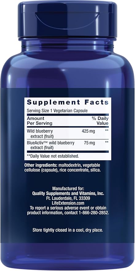 Life Extension Blueberry Extract Capsules, supports cognitive & memory health, helps maintain already-healthy cholesterol levels, fights oxidative stress, gluten-free, non-GMO, vegetarian, 60 capsules