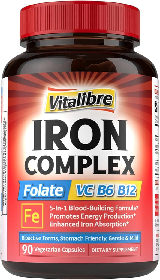 Iron Supplement for Women & Men, with Vitamins C, B6, B12 & Folate for Iron Deficiency, Blood Building & Energy Support, Stomach Friendly, Better Absorption, Non-GMO, No Gluten, 90 Vegan Caps