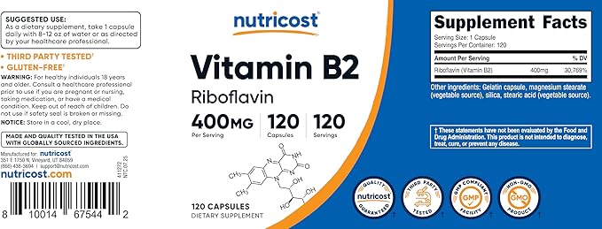 Nutricost Vitamin B2 (Riboflavin) 400mg, 120 Capsules (3 Bottles)